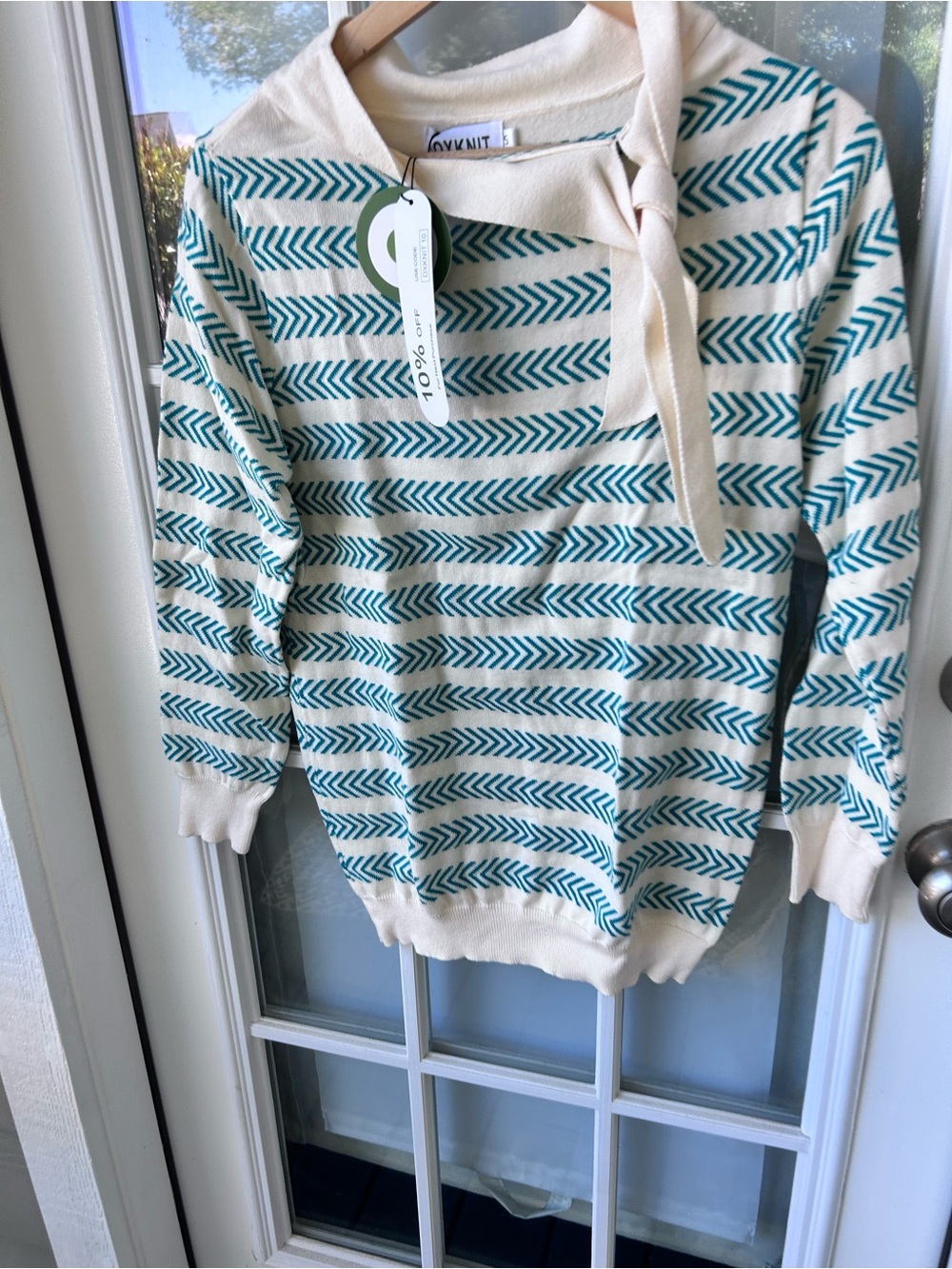 Oxknit new nwt Cream & Teal Striped Tie-Neck Sweater small - Picture 4 of 4